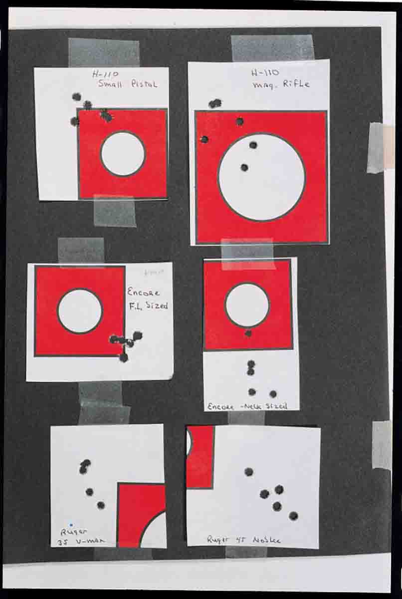 Hornets are finicky. The top targets show what can happen when you change from Small Rifle Magnum primers to Small Pistol. The center pair show the Encore’s clear preference for full-length sizing, an opposite result to most rifles. Below, the out-of-the-box Ruger can be accurate, but bedding causes the horizontal strings.